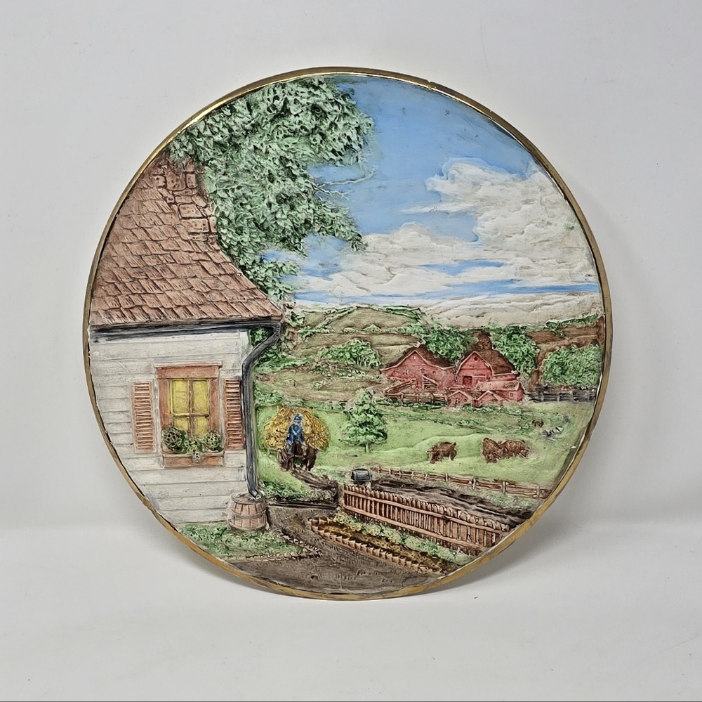 Vtg byron molds plate 1980 raised‎ ceramic pottery wall hanging hand painted